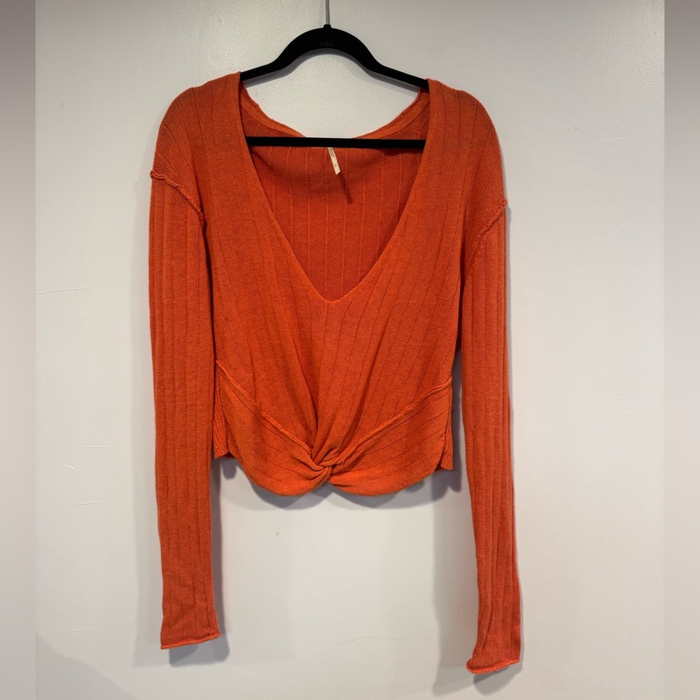 Orange V-Neck Knotted Sweater